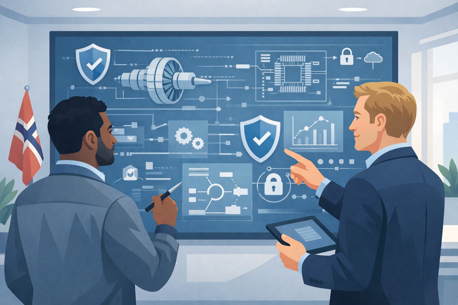 Illustrasjon av oppholdstillatelse og eksportkontroll i Norge, knyttet til teknologioverføring i ansettelsesforhold.